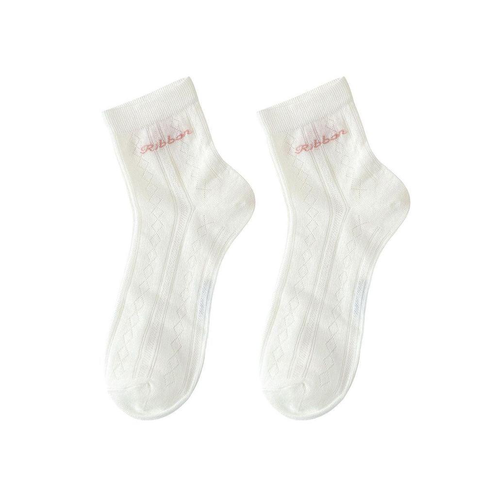 Pink and White Floral Lace Mesh Girls' Mid-Calf Socks - Breathable, Thin Spring/Summer Design for Older Children and Students