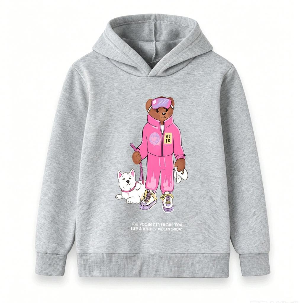 Kids Unisex 100% Cotton Crew Neck Short Sleeve T-Shirt, Cute Cartoon Bear in Pink Tracksuit with Pet Dog Print Casual Soft Tee for Boys Girls Daily We