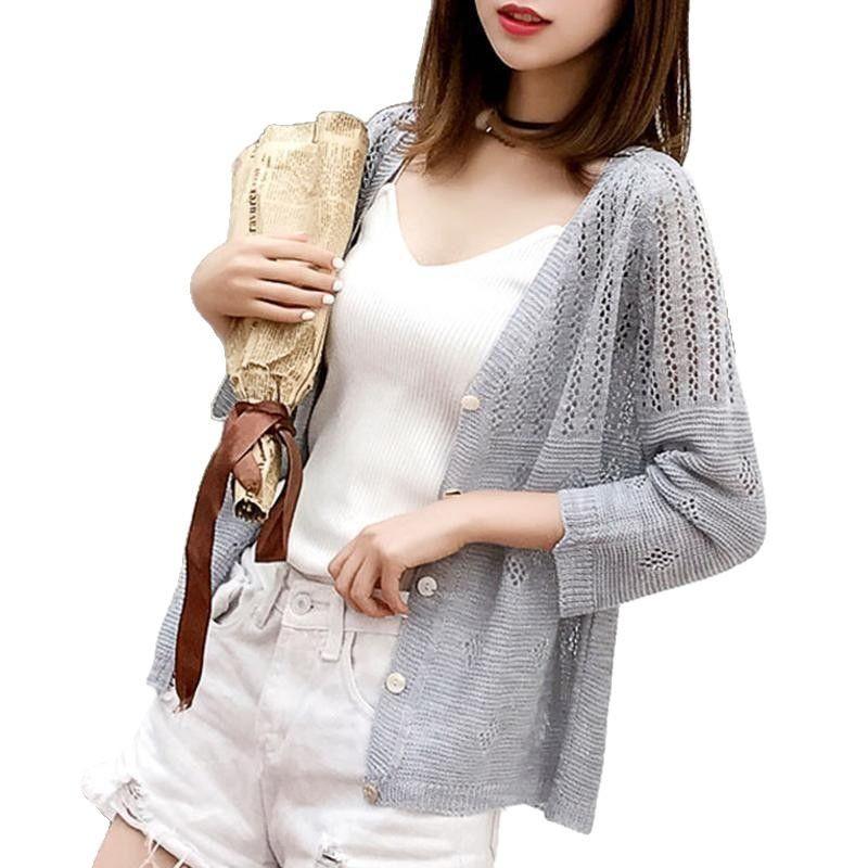 Sunscreen air-conditioning shirt hollow knitted cardigan women's summer temperament casual seven-quarter sleeve thin jacket loose outer fit