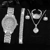 Orologio da donna con quadrante a numeri romani interamente ricoperto di diamanti e cinturino in acciaio, stile cielo stellato, elegante orologio al quarzo da business, set di bracciali interamente ricoperti di diamanti stile hip-hop