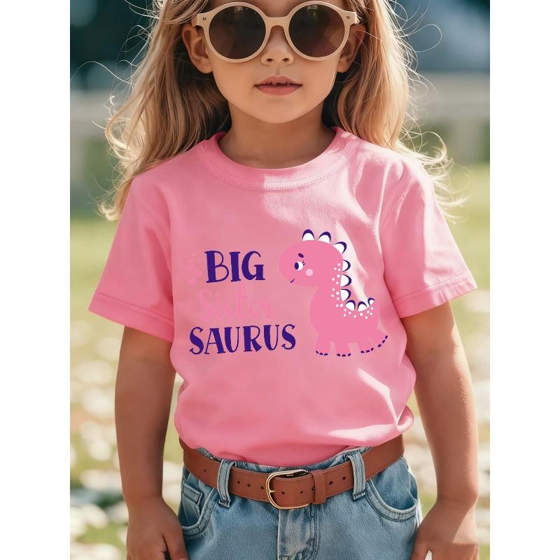 European Size Girls Round-neck Short-sleeved T-shirt with Cartoon Pink Little Dinosaur Pattern Print
