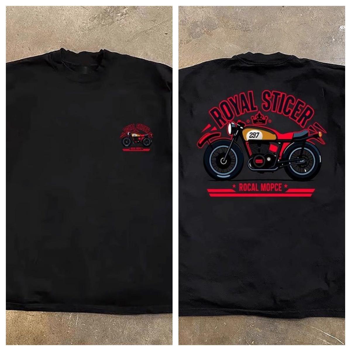 Mens Clothing Hot Selling in Spring and Summer Motorcycle Enthusiast Fun Pattern Printed Cotton Casual Short Sleeved Tshirt M