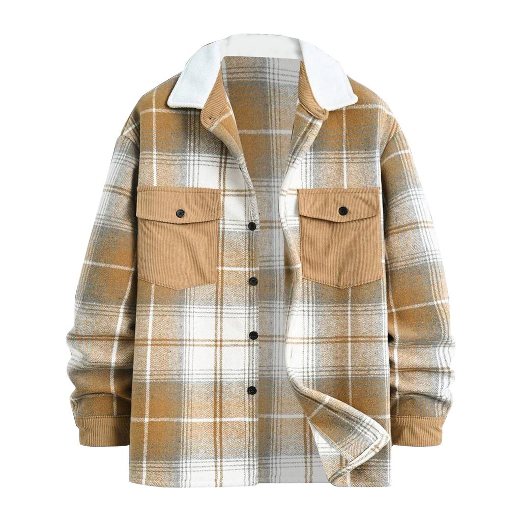 Men's Striped Plaid Casual Loose Button Lapel Long Sleeve Hooded Cardigan Shirt Jacket