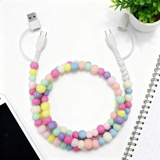 2-in-1 USB Cable Bead Design High-speed Data Transfer Cable with Type-C Connector Tangle-Free Charging Cord for Car And Travel