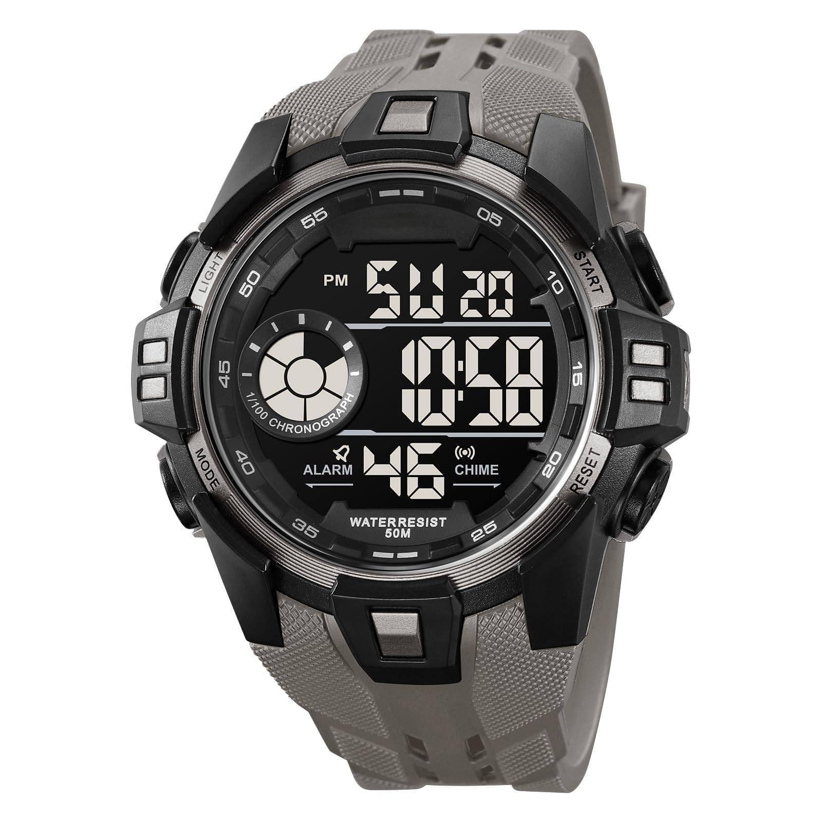

fintime Digital Military Pilot Sport 50M Water LED Outdoor and Casual Wear Men s Watch, Military-Style Watch, Multi-Function, Resistance, Alarm, сірий колір