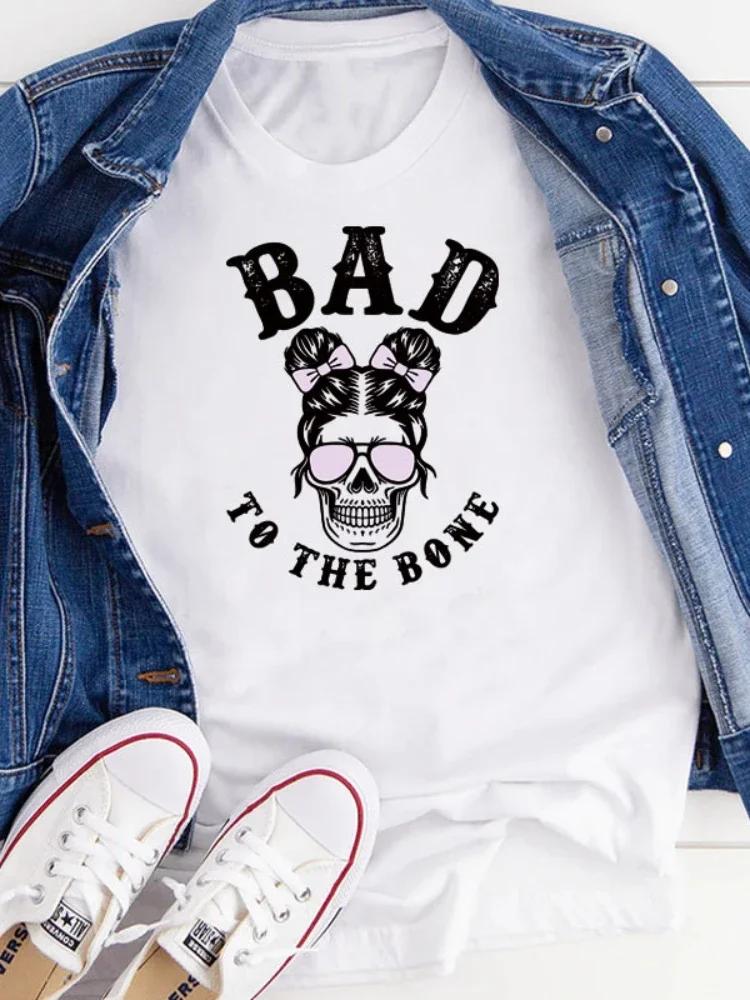 BAD TO THE BONE Skull Head Print Women T Shirt Short Sleeve O Neck Loose Women Tshirt Ladies Tee Shirt Tops Camisetas Mujer