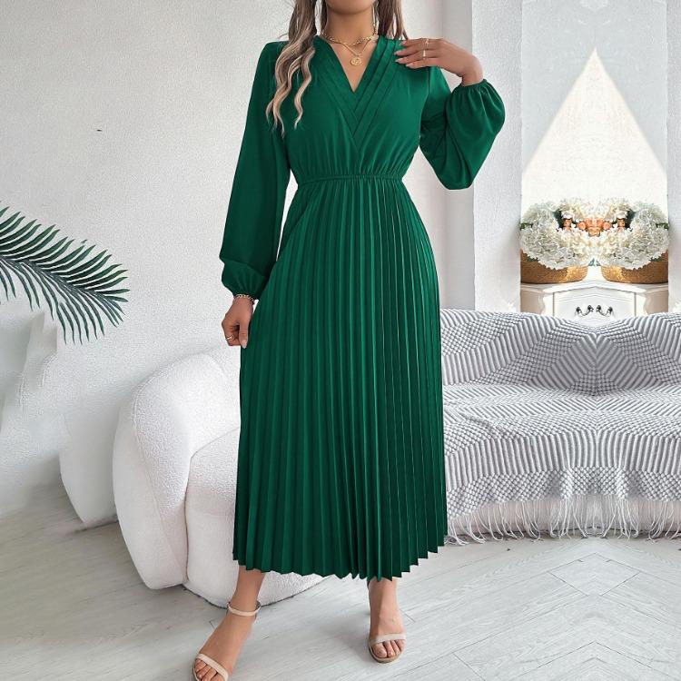 A Line Long Dress Women High Waist Pleated Solid Color V Neck Long Sleeve Spring Summer Fashion