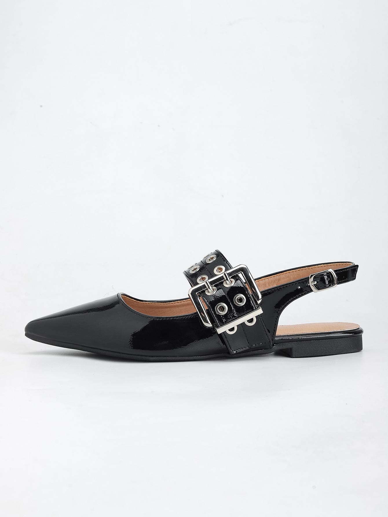 

Женские туфли с острым носком, плоским дном, полые, два символа, с металлической пряжкой сзади, пустые, Мэри Джейн, большой размер 43 чёрный