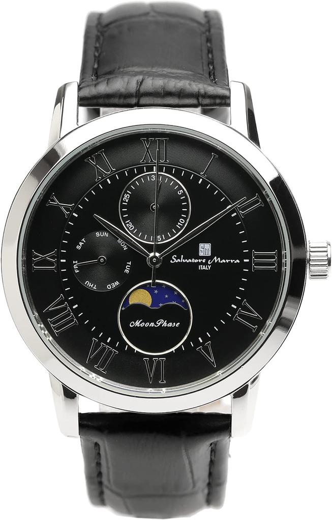 Salvatore Marra Moon Phase 5 ATM Water Leather Limited Men's Multi-Calendar Watch, Resistant, Strap, Edition, Silver/Black, SM21106-SSBK
