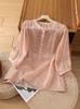 Women's Crew Neck 3/4 Sleeve Cotton Linen Blouse Loose Vintage Floral Embroidery Half Button Casual Shirt