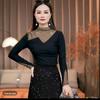 Autumn/Winter Rhinestone Long-Sleeve Top: Age-Reducing, Warm, Half-High Collar Fleece Base Layer Shirt