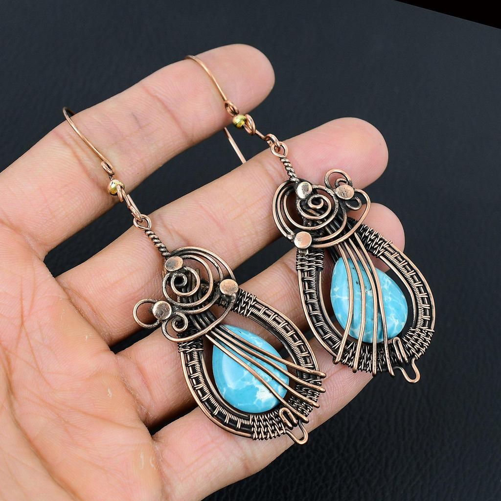 Larimar Edelstein Handgefertigt Reiner Kupferdraht Umwickelte Ohrringe Schmuck Für den Gedenktag