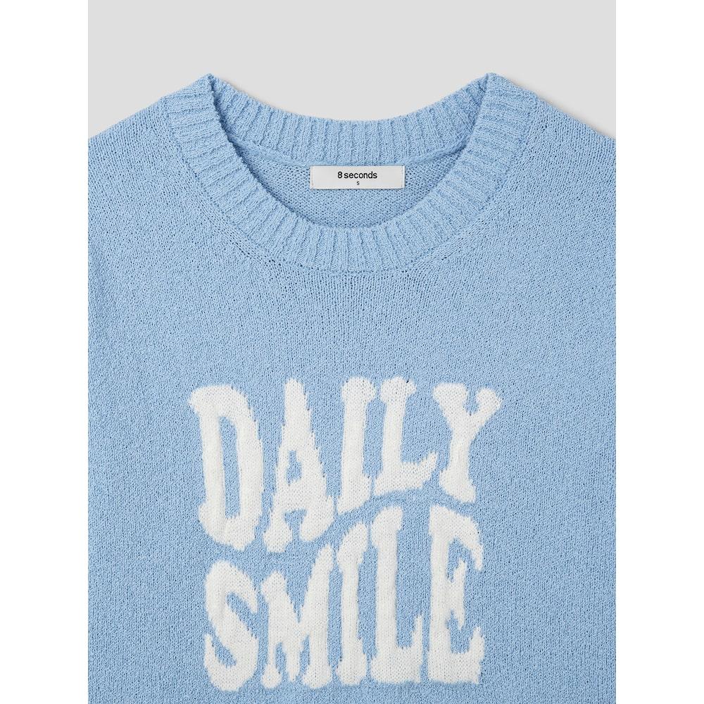 8seconds Wave Letter Jacquard Round Neck Short Sleeve Pullover Sky Blue