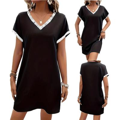 Women's Solid Color Short-sleeved V-neck Sequined Loose Short Dress