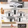 10-Piece Stainless Steel Cookware Set: Frying Pan, Milk Pot, and Double-Bottom Soup Pot.