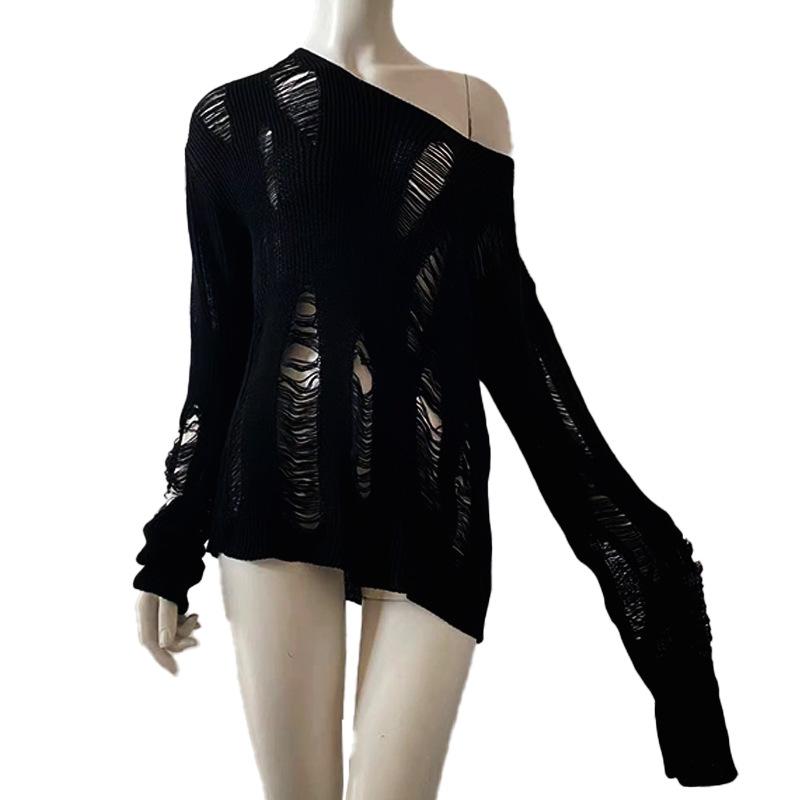 Black Hole Hollow Sweater Irregular Design Long Pullover Loose Casual Women's Punk Top American Spicy Girl Streetwear