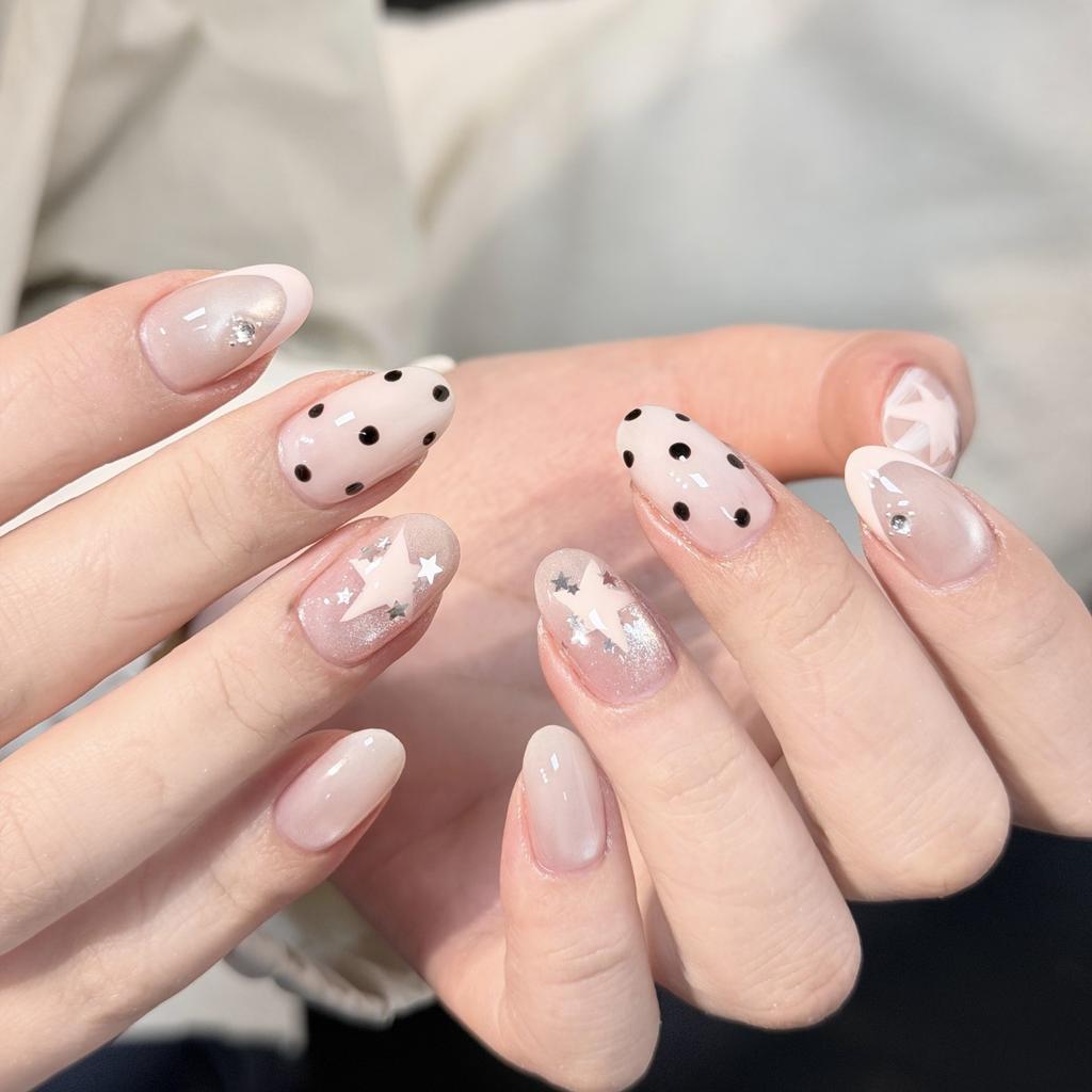 24 Pcs White French Tip Polka Dot Pink Almond False Nails Simple Sweet Acrylic Wearable Manicure Press On Nails For Women