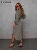 Women's Spring Fashion V-Neck Loose Striped Belted Shirt Dress