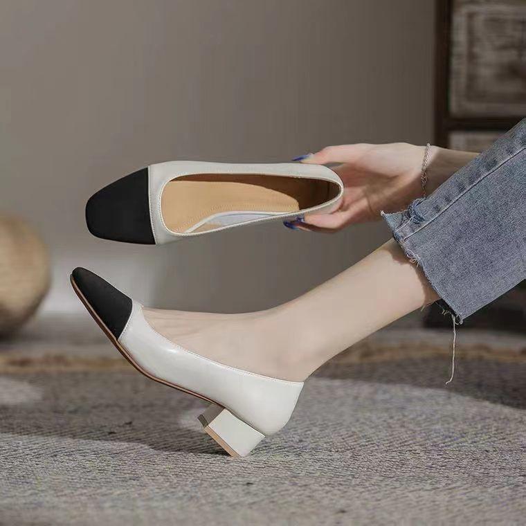 Color Matching Thick Heel Single Shoes Women's Autumn New Versatile Medium Heel Light Mouth Scoop High Heels
