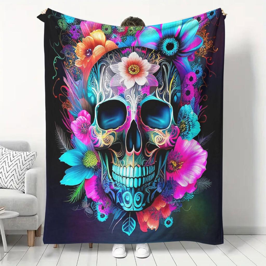 1pc Cozy Skull Print Flannel Throw Blanket - Contemporary Digital Print Soft and Warm All-Season Knitted Polyester Blanke