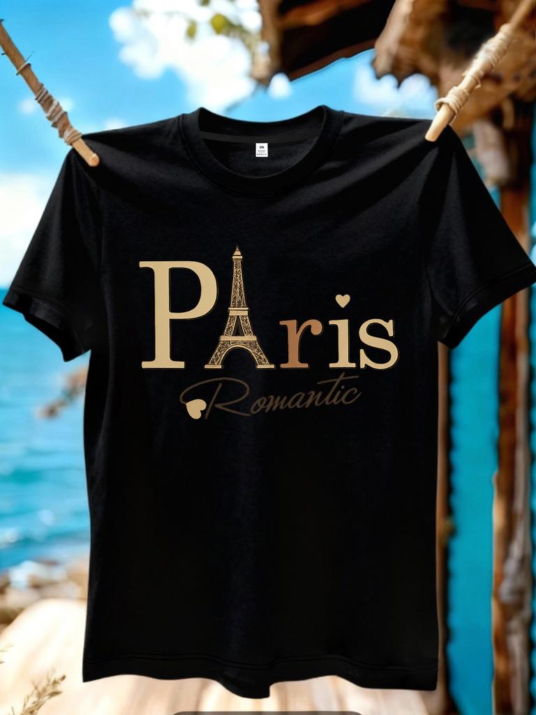 Wzm1041186rounisextic Paris Print Plus Size Unisexs Round Neck Summer Casual Short Sleeved Street Fashion Versatile Tshirt