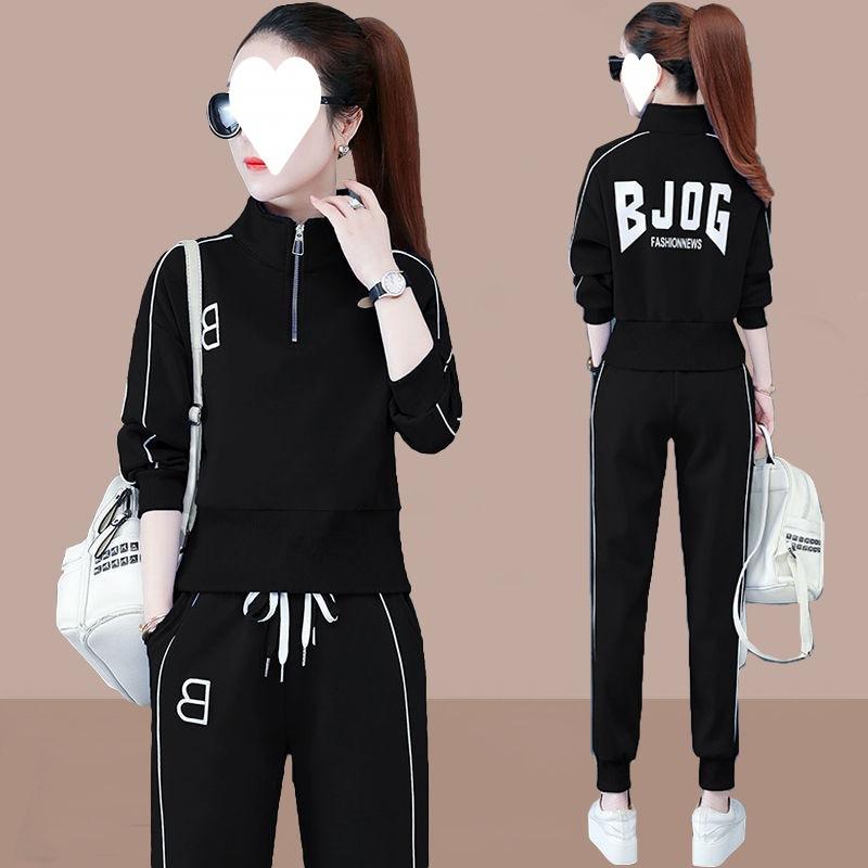 Casual Sportswear Suit for Women, Spring and Autumn High-waisted Stand-up Collar Sweatshirt, Stylish Large Size Long-sleeved Two-piece Set