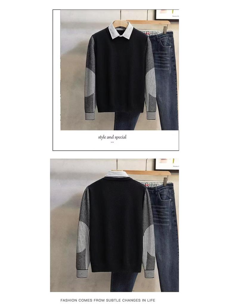 Men's Stylish Knit Sweater: Spring & Autumn, Fake Two-Piece, Casual Japanese Trend