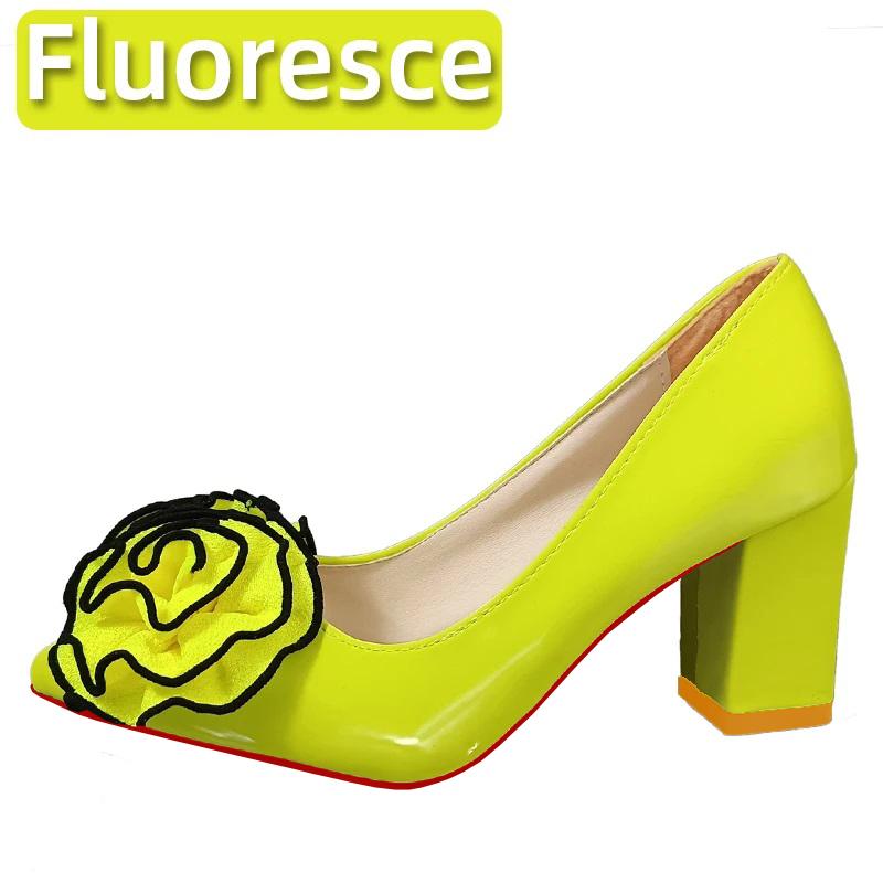 Fashion Aphixta Orange Big Rose Flowers 7cm Square Heels Pumps Women Shoes Students And Adults Pointed Toe Super Big Size 30-50