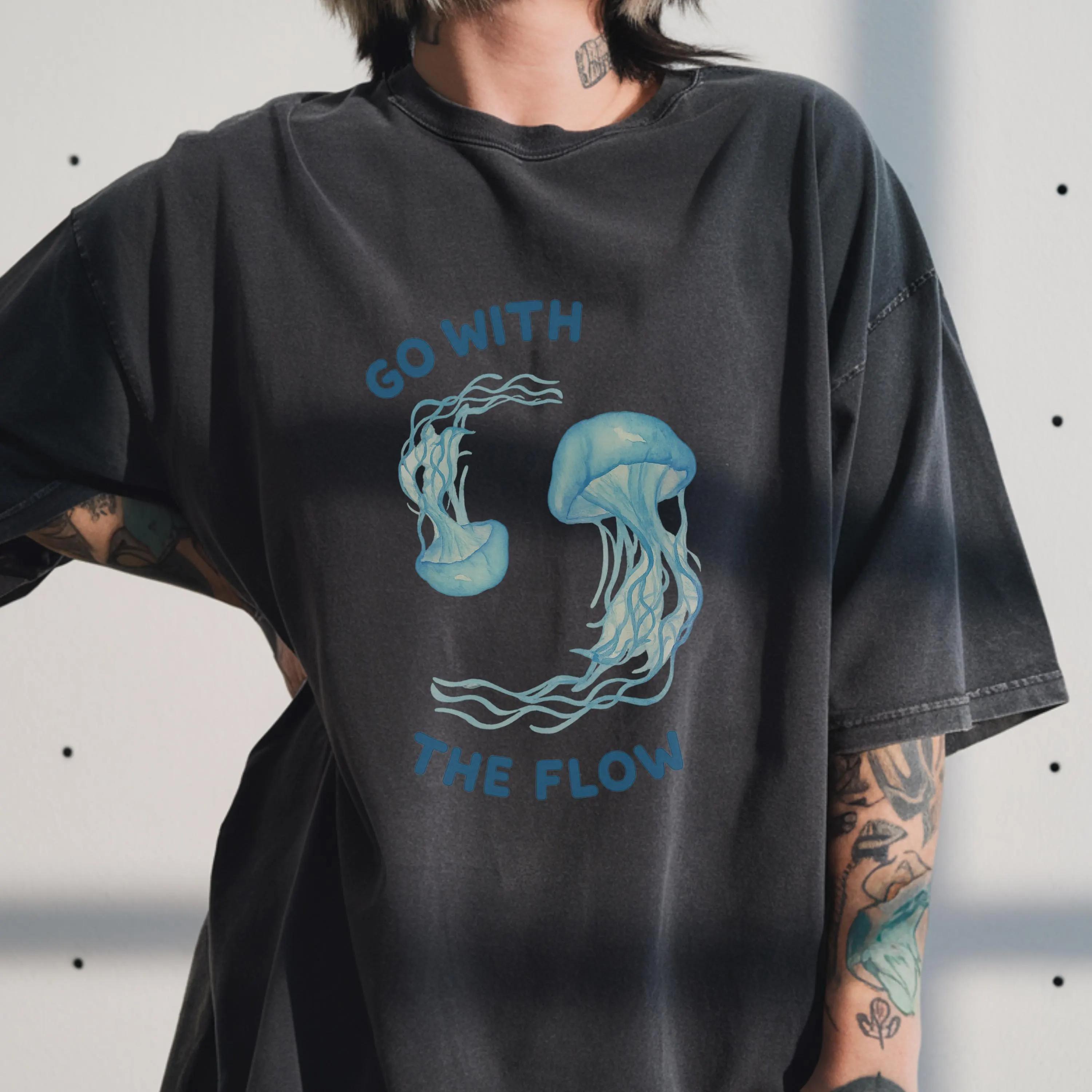 

Plus Size Womens Go with The Flow Jellyfish TShirt Cotton Breathable Stylish Versatile Street Style Oversized 4XL