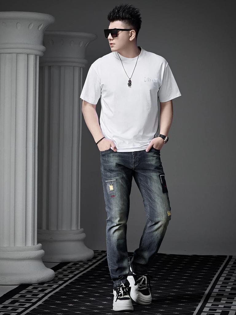 European Men's High-End Designer Embroidered Distressed Short-Sleeve T-Shirt 2026 New Summer Trendy Brand Light Luxury Half-Sleeve