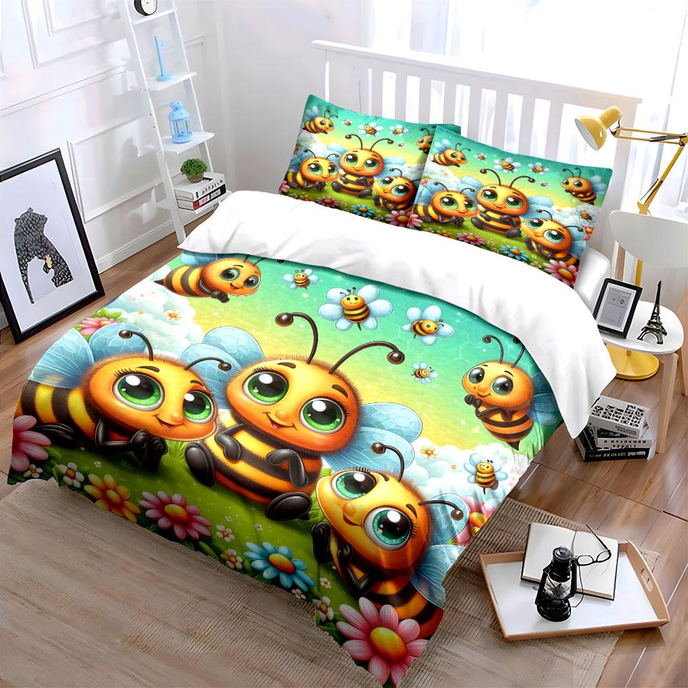 Süße Bienenfamilie mit Blumen Bettwäsche Bettbezug Set  (1*Bettbezug 2*Kissenbezüge, ohne Bettdecke)