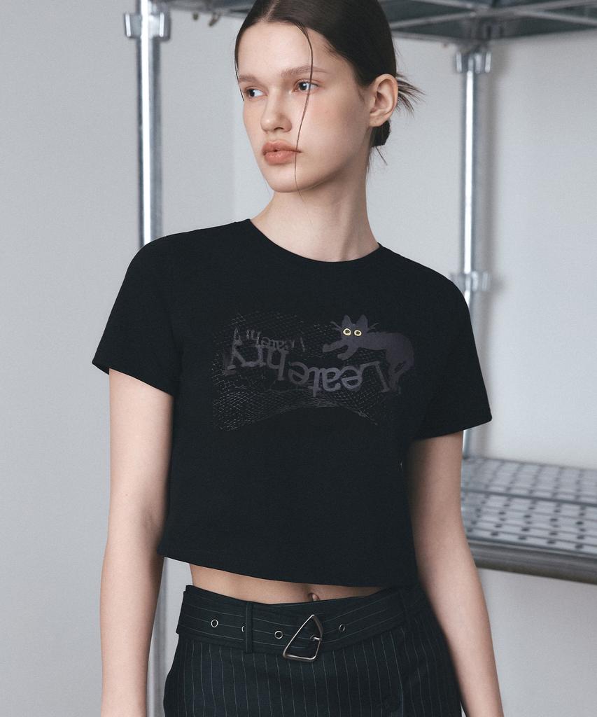 Ledeoli Notty Cat Crop Short Sleeve T-Shirt [Black]
