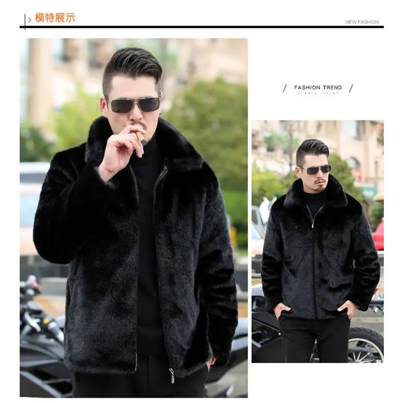 2025 New Arrival Top Fashion Winter Warm Flowing Gold Mink Imitation Sheep Sheared Fur Zipper Men's Solid Hooded Jacket