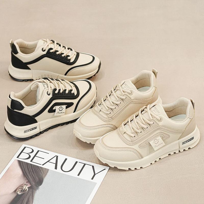 Sneakers Women's 2025 New Spring Flat Bottom Lightweight Running Shoes Student Versatile Casual Shoes Leather Surface Waterproof Versatile