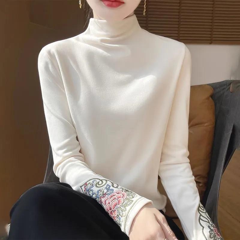 Women S Half High Collar Long Sleeve Chinese Style Embroidered Thermal T Shirt M бежевый