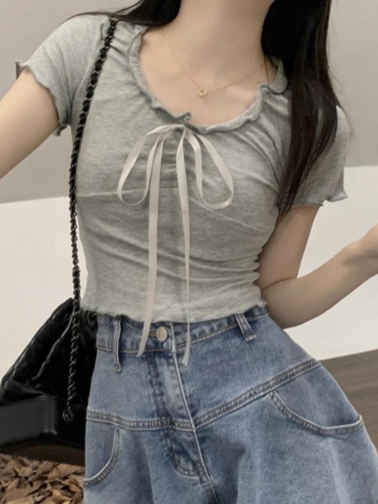 Women's V Neck Short Sleeve Crop Top Slim Fit Sweet Style Ruffle Drawstring T Shirt