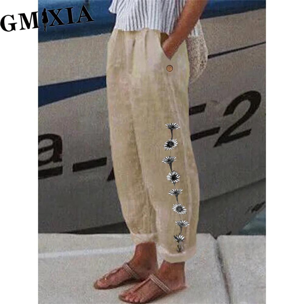 

GMXIA Модные популярные гаремные брюки с цветочным принтом и карманами-цветками, брюки со средней посадкой, уличные брюки XXXXXL хаки