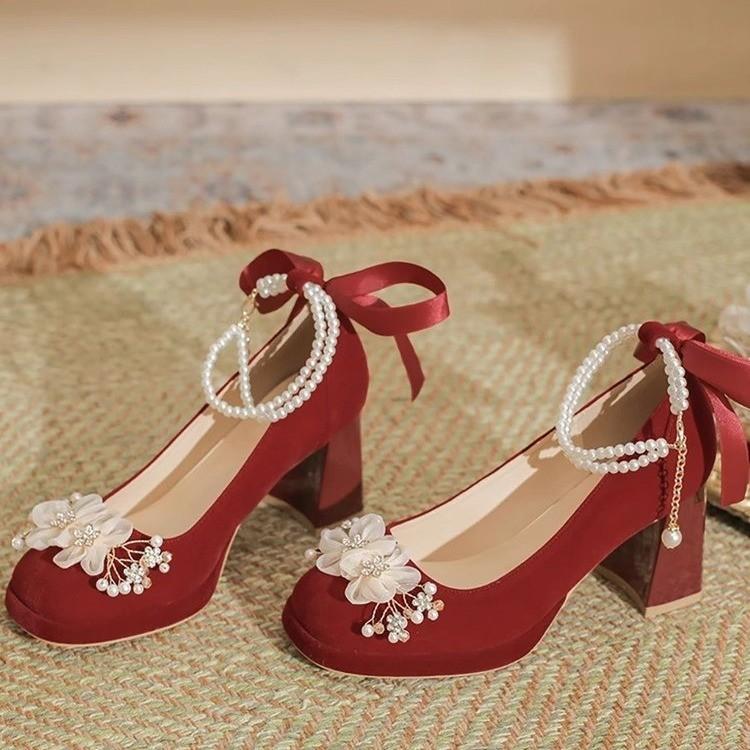 

Bow Mary Jane high heels women s thick heel waterproof table platform platform small man height increase wedding shoes sister group bridesmaid shoes 40