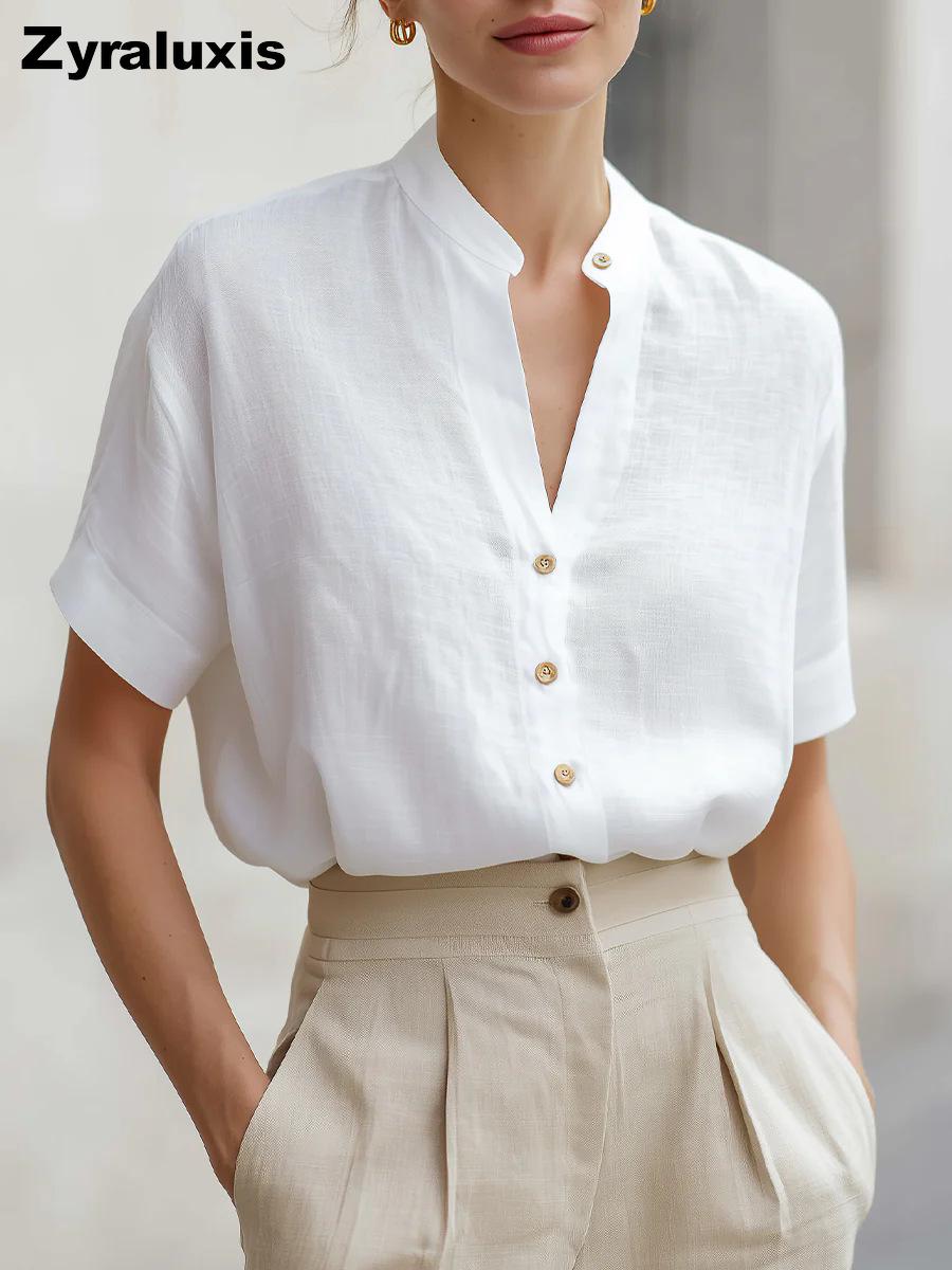 Summer V-Neck Short Sleeve Linen Shirt Women Casual Simple Versatile Top S белый