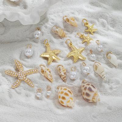 21 Beach Style Metal Starfish Imitation Pearl Shell Seashell Pendant DIY Handcrafted Jewelry Accessories