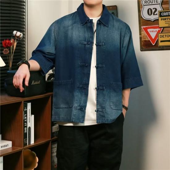 

Рубашка с коротким рукавом мужская летняя японская ретро свободная повседневная рубашка с рукавом пять четвертей модная брендовая рубашка куртка 3XL синий