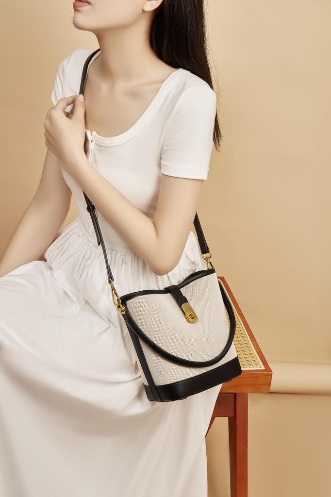 FOXLOVER Bucket Shoulder Crossbody Fabric Women's Bag, Handbag, Bag, Bag, Cute, Lightweight, Small, (Black)