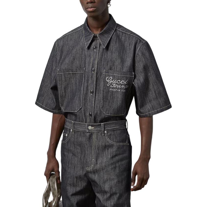 GUCCI Denim Shirt With Jacquard Detail Shirt Men's Dark Blue 782396-XDCWP-4759