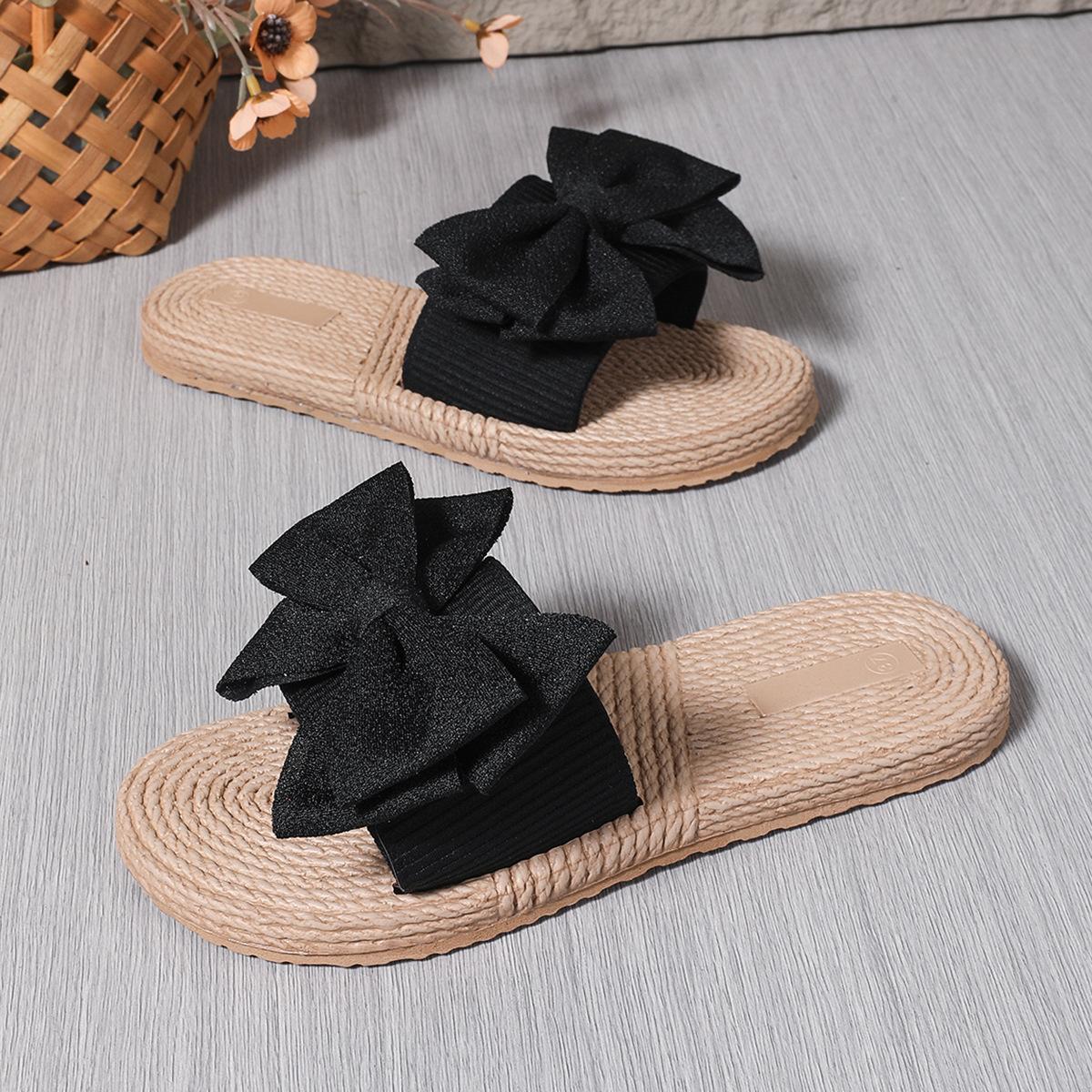 

Однословные имитация пеньковой веревки соломенное дно повседневные тапочки 2025 лето новые двухслойные с большим бантом на плоской подошве тапочки для улицы 41 чёрный