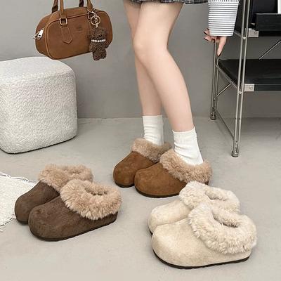 Autumn and Winter Cotton Shoes Matte New Retro Thick-soled Lazy People Wear Fluffy Tows with One Pedal and Two.