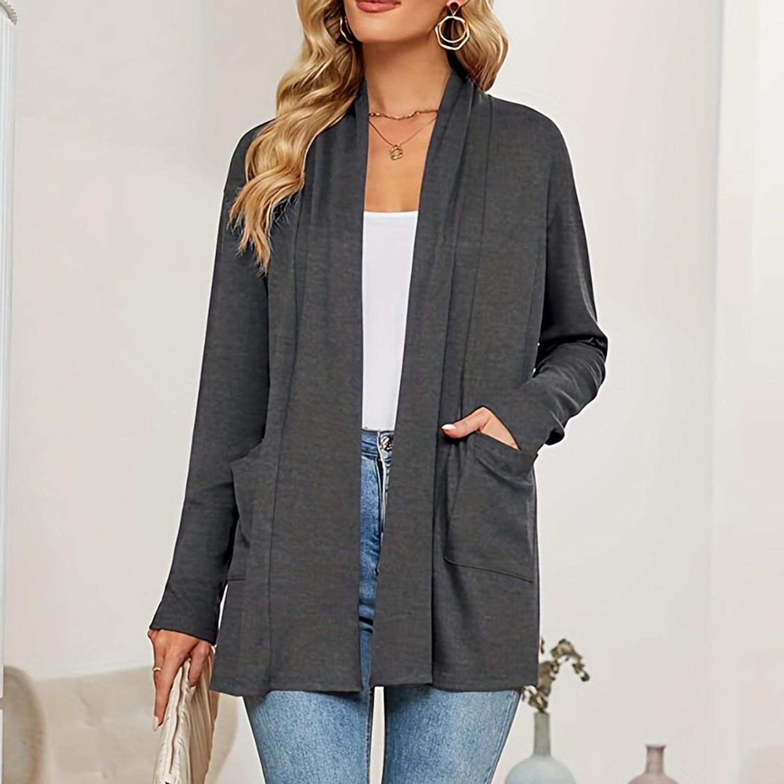 

Женские легкие кардиганы с открытой передней частью, с длинными рукавами, повседневные, свободные, тонкие кардиганы с карманами XL