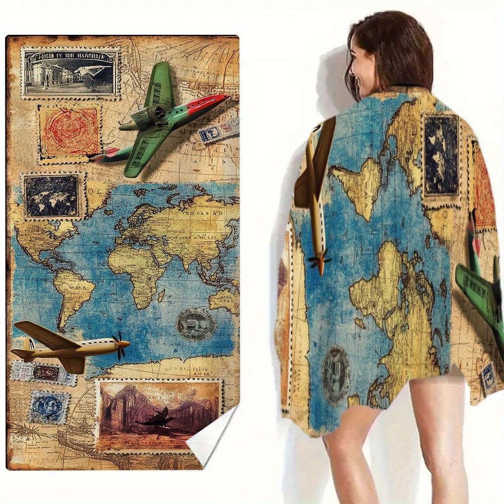 1pz Telo Mare Mappa del Mondo Retrò, Telo da Bagno Vintage da Viaggio con Motivo Aereo per Vacanze all'Aperto Campeggio Essenziali per il Bagno