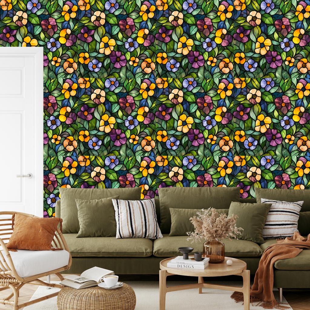 Wallpaper Stained Glass Flowers Bottle Green and Olive 50x1000