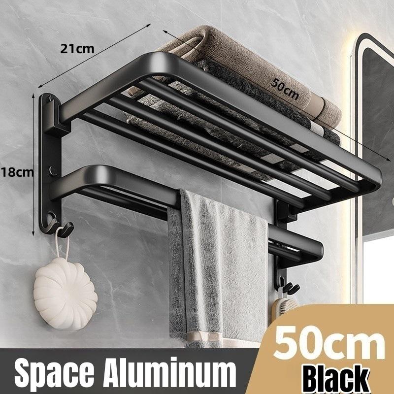 

Matte Black/Grey Towel Hanger with Double Towel Bars 50CM Folding Holder With Hook Towel Holder Wall Mount Aluminum Towel Rack