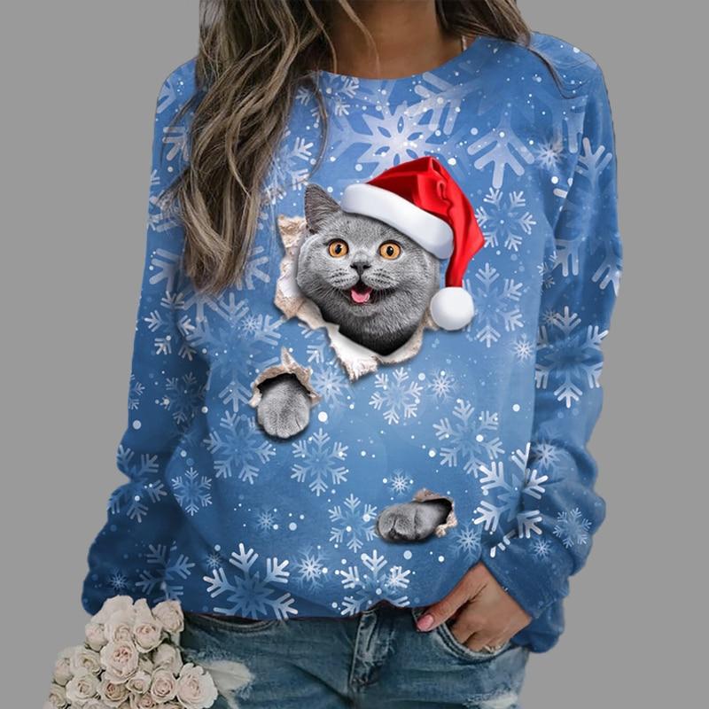 Autumn High Quality Women's Round Neck Long Sleeve 3D Printed Pet Cat Pattern Fashion Casual Women's Plus Size XXS-6XL